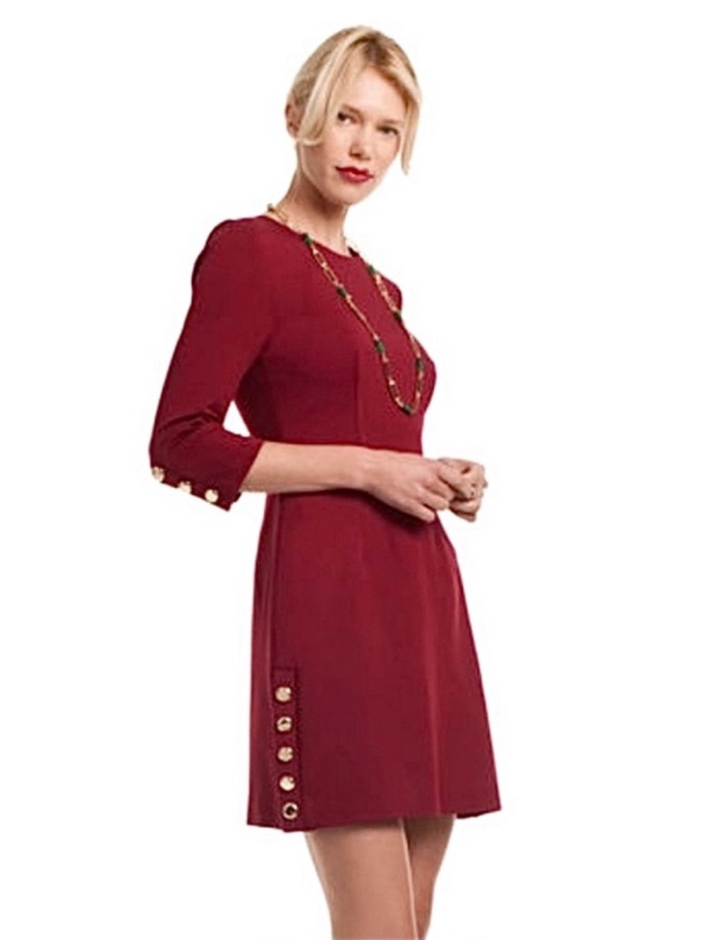 Trina Turk Women's Burgundy 3/4 Sleeve Ponte Gold Button Lined Sheath Dress